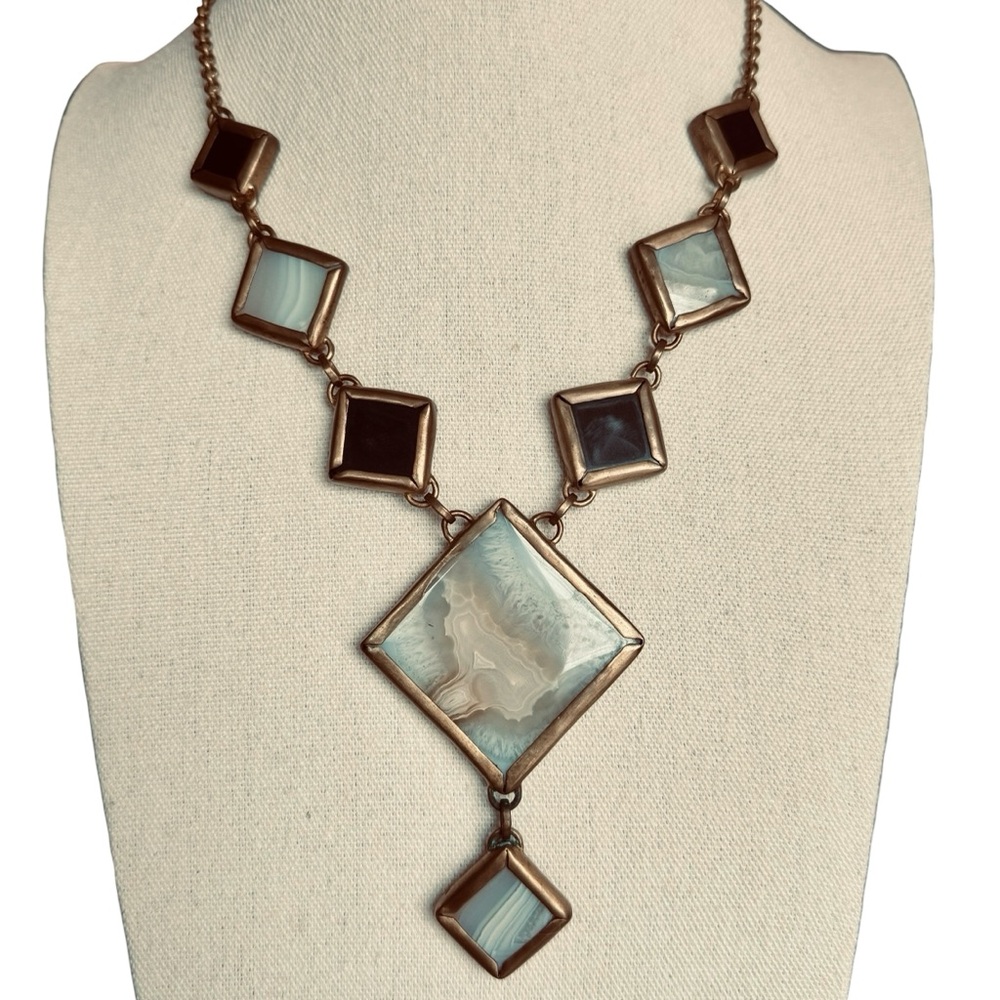 Vintage-Inspired Artisan Brass Necklace Geometric Onyx Agate Statement Piece
